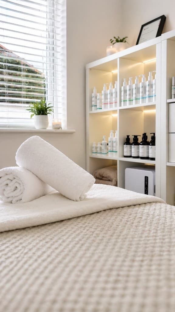 Cream treatment bed with rolled white towels, window with soft daylight, and white shelving with backlit professional skincare products.