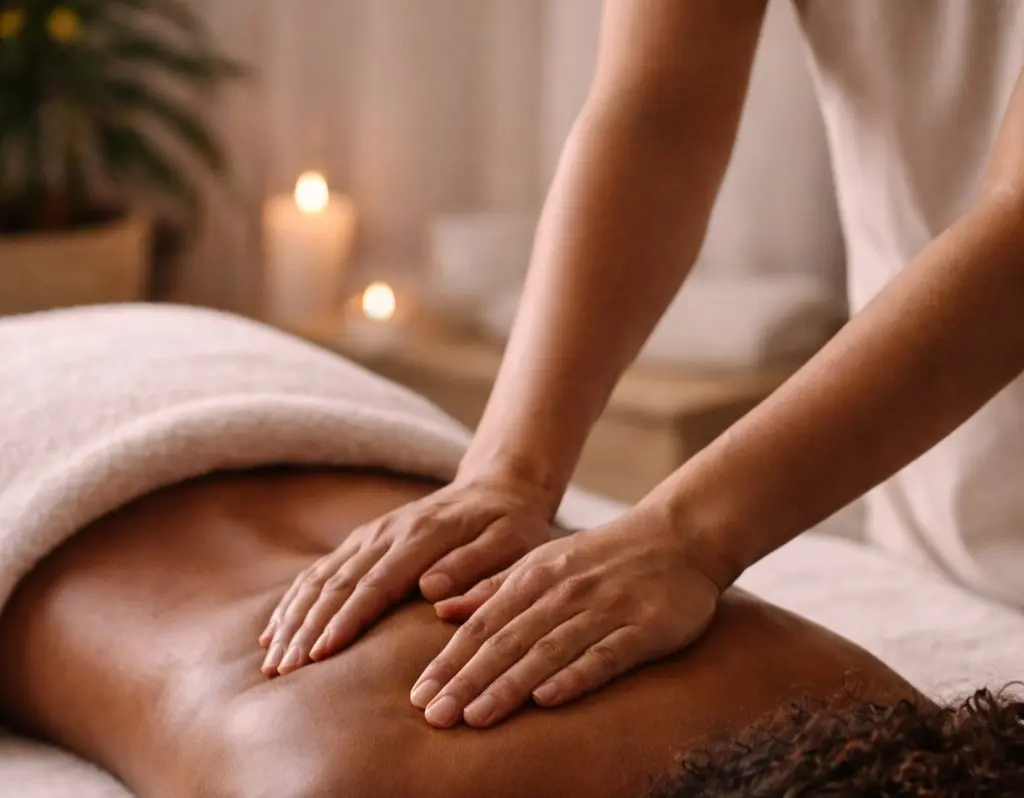 Therapist’s hands on a guest’s lower back during a massage, with soft towels and warm candlelight.
